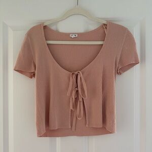 Women's Pink Ribbed Tie-Front Top